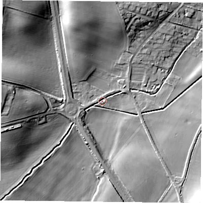 Shaded relief map of the ground around NG250SE, computed from Environment Agency LiDAR. The ground here sits at about 49 m above sea level and falls 18 m across the surrounding 800 m. Surface water reaching this point runs off ground lying to the north-west, 15.5 m higher.