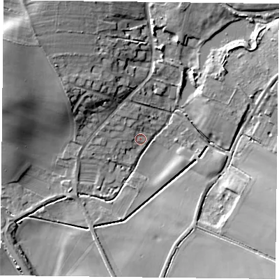 Shaded relief map of the ground around NG250SH, computed from Environment Agency LiDAR. The ground here sits at about 51 m above sea level and falls 14 m across the surrounding 800 m. Surface water reaching this point runs off ground lying to the north-west, 1.8 m higher.