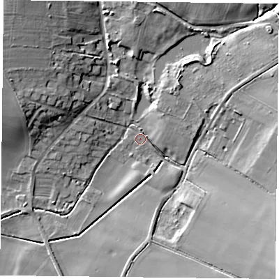 Shaded relief map of the ground around NG250SJ, computed from Environment Agency LiDAR. The ground here sits at about 51 m above sea level and falls 15 m across the surrounding 800 m. Surface water reaching this point runs off ground lying to the south-east, 13.6 m higher.