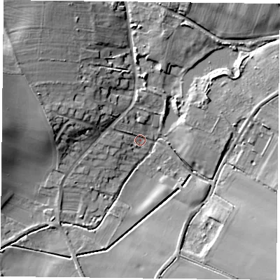Shaded relief map of the ground around NG250SL, computed from Environment Agency LiDAR. The ground here sits at about 51 m above sea level and falls 14 m across the surrounding 800 m. Surface water reaching this point runs off ground lying to the west-north-west, 6.5 m higher.