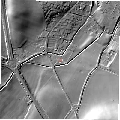 Shaded relief map of the ground around NG250SQ, computed from Environment Agency LiDAR. The ground here sits at about 51 m above sea level and falls 24 m across the surrounding 800 m. Surface water reaching this point runs off ground lying to the east, 6.3 m higher.