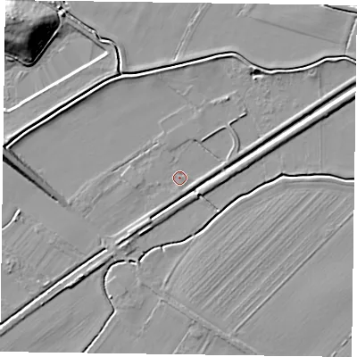 Shaded relief map of the ground around NG250TR, computed from Environment Agency LiDAR. The ground here sits at about 15 m above sea level and falls 17 m across the surrounding 800 m. Surface water reaching this point runs off ground lying to the south-west, 2.7 m higher.