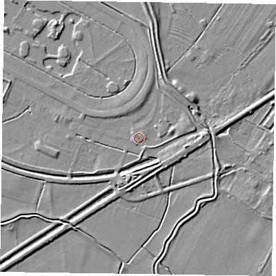 Shaded relief map of the ground around NG250TS, computed from Environment Agency LiDAR. The ground here sits at about 16 m above sea level and falls 5 m across the surrounding 800 m. Surface water reaching this point runs off ground lying to the east-north-east, 1.9 m higher.