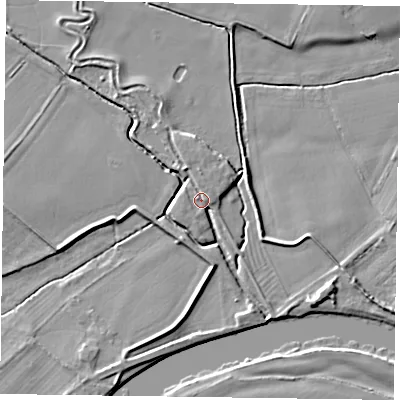 Shaded relief map of the ground around NG250TT, computed from Environment Agency LiDAR. The ground here sits at about 15 m above sea level and falls 5 m across the surrounding 800 m. Surface water reaching this point runs off ground lying to the west, 3.8 m higher.