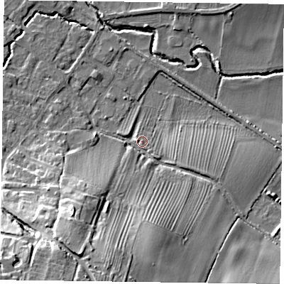 Shaded relief map of the ground around NG250TX, computed from Environment Agency LiDAR. The ground here sits at about 24 m above sea level and falls 27 m across the surrounding 800 m. Surface water reaching this point runs off ground lying to the south-east, 2.1 m higher.
