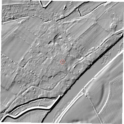 Shaded relief map of the ground around NG250UA, computed from Environment Agency LiDAR. The ground here sits at about 15 m above sea level and falls 4 m across the surrounding 800 m. Surface water reaching this point runs off ground lying to the west, 0.9 m higher.