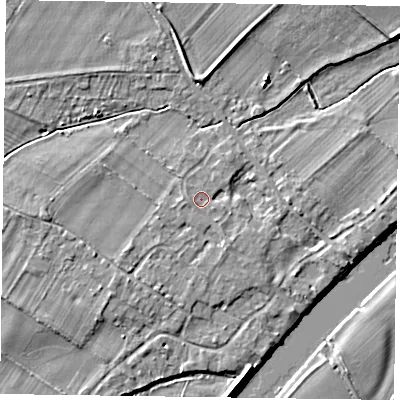 Shaded relief map of the ground around NG250UB, computed from Environment Agency LiDAR. The ground here sits at about 15 m above sea level and falls 5 m across the surrounding 800 m. Surface water reaching this point runs off ground lying to the south-south-east, 1.6 m higher.