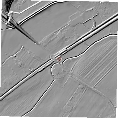 Shaded relief map of the ground around NG250UD, computed from Environment Agency LiDAR. The ground here sits at about 16 m above sea level and falls 11 m across the surrounding 800 m. Surface water reaching this point runs off ground lying to the west-north-west, 1.6 m higher.