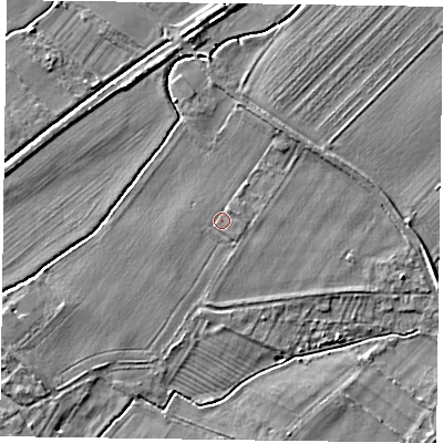 Shaded relief map of the ground around NG250UF, computed from Environment Agency LiDAR. The ground here sits at about 15 m above sea level and falls 4 m across the surrounding 800 m. Surface water reaching this point runs off ground lying to the north-north-east, 0.6 m higher.
