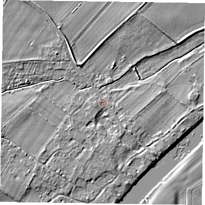 Shaded relief map of the ground around NG250UG, computed from Environment Agency LiDAR. The ground here sits at about 15 m above sea level and falls 4 m across the surrounding 800 m. Surface water reaching this point runs off ground lying to the south, 2.1 m higher.