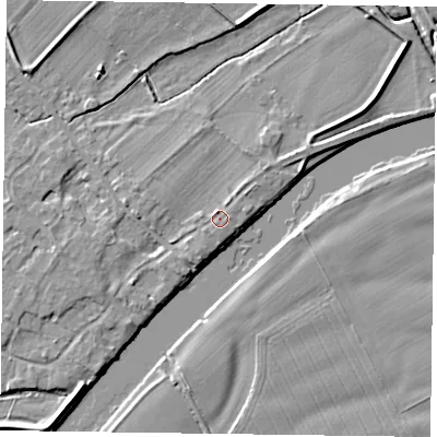 Shaded relief map of the ground around NG250UH, computed from Environment Agency LiDAR. The ground here sits at about 15 m above sea level and falls 4 m across the surrounding 800 m. Surface water reaching this point runs off ground lying to the north, 1.0 m higher.