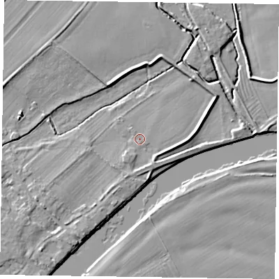 Shaded relief map of the ground around NG250UJ, computed from Environment Agency LiDAR. The ground here sits at about 15 m above sea level and falls 4 m across the surrounding 800 m. Surface water reaching this point runs off ground lying to the south, 0.8 m higher.
