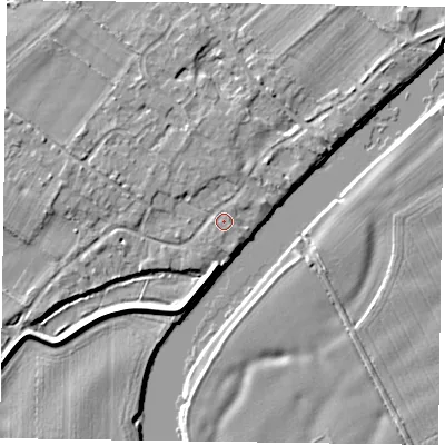 Shaded relief map of the ground around NG250UL, computed from Environment Agency LiDAR. The ground here sits at about 15 m above sea level and falls 4 m across the surrounding 800 m. Surface water reaching this point runs off ground lying to the north-north-west, 1.1 m higher.