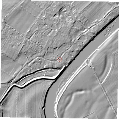 Shaded relief map of the ground around NG250UN, computed from Environment Agency LiDAR. The ground here sits at about 15 m above sea level and falls 4 m across the surrounding 800 m. Surface water reaching this point runs off ground lying to the north, 1.1 m higher.