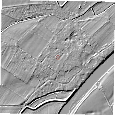 Shaded relief map of the ground around NG250UP, computed from Environment Agency LiDAR. The ground here sits at about 15 m above sea level and falls 5 m across the surrounding 800 m. Surface water reaching this point runs off ground lying to the south-east, 0.8 m higher.