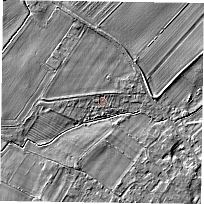 Shaded relief map of the ground around NG250UQ, computed from Environment Agency LiDAR. The ground here sits at about 15 m above sea level and falls 3 m across the surrounding 800 m. Surface water reaching this point runs off ground lying to the north-west, 1.1 m higher.