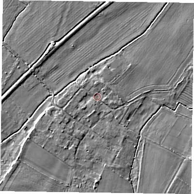 Shaded relief map of the ground around NG250UR, computed from Environment Agency LiDAR. The ground here sits at about 15 m above sea level and falls 3 m across the surrounding 800 m. Surface water reaching this point runs off ground lying to the south-west, 1.5 m higher.