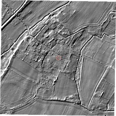 Shaded relief map of the ground around NG250US, computed from Environment Agency LiDAR. The ground here sits at about 15 m above sea level and falls 4 m across the surrounding 800 m. Surface water reaching this point runs off ground lying to the west, 2.4 m higher.
