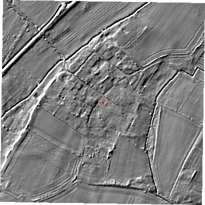Shaded relief map of the ground around NG250UT, computed from Environment Agency LiDAR. The ground here sits at about 15 m above sea level and falls 3 m across the surrounding 800 m. Surface water reaching this point runs off ground lying to the west-south-west, 1.8 m higher.