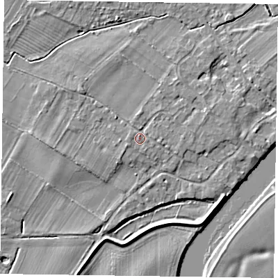 Shaded relief map of the ground around NG250UW, computed from Environment Agency LiDAR. The ground here sits at about 16 m above sea level and falls 4 m across the surrounding 800 m. Surface water reaching this point runs off ground lying to the north, 1.0 m higher.