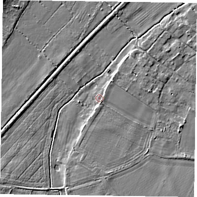 Shaded relief map of the ground around NG250UX, computed from Environment Agency LiDAR. The ground here sits at about 15 m above sea level and falls 5 m across the surrounding 800 m. Surface water reaching this point runs off ground lying to the south, 2.6 m higher.