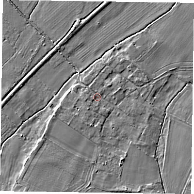Shaded relief map of the ground around NG250UY, computed from Environment Agency LiDAR. The ground here sits at about 15 m above sea level and falls 3 m across the surrounding 800 m. Surface water reaching this point runs off ground lying to the west-south-west, 1.5 m higher.