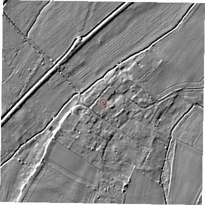 Shaded relief map of the ground around NG250UZ, computed from Environment Agency LiDAR. The ground here sits at about 16 m above sea level and falls 3 m across the surrounding 800 m. Surface water reaching this point runs off ground lying to the east-south-east, 1.0 m higher.