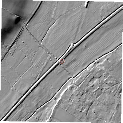 Shaded relief map of the ground around NG250XA, computed from Environment Agency LiDAR. The ground here sits at about 16 m above sea level and falls 12 m across the surrounding 800 m. Surface water reaching this point runs off ground lying to the west, 1.4 m higher.