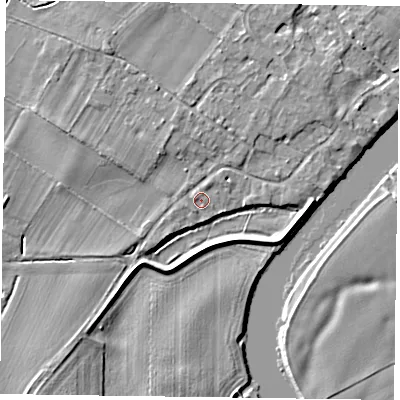 Shaded relief map of the ground around NG250XG, computed from Environment Agency LiDAR. The ground here sits at about 15 m above sea level and falls 4 m across the surrounding 800 m. Surface water reaching this point runs off ground lying to the south-west, 3.7 m higher.
