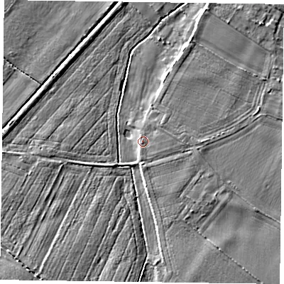 Shaded relief map of the ground around NG250XH, computed from Environment Agency LiDAR. The ground here sits at about 16 m above sea level and falls 4 m across the surrounding 800 m. Surface water reaching this point runs off ground lying to the east-south-east, 1.8 m higher.