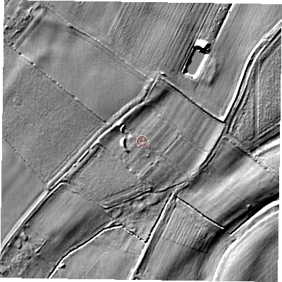 Shaded relief map of the ground around NG250XJ, computed from Environment Agency LiDAR. The ground here sits at about 15 m above sea level and falls 7 m across the surrounding 800 m. The ground contributing surface water to this point lies to the south-south-east.