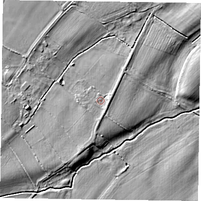 Shaded relief map of the ground around NG250XL, computed from Environment Agency LiDAR. The ground here sits at about 16 m above sea level and falls 6 m across the surrounding 800 m. Surface water reaching this point runs off ground lying to the east, 1.2 m higher.