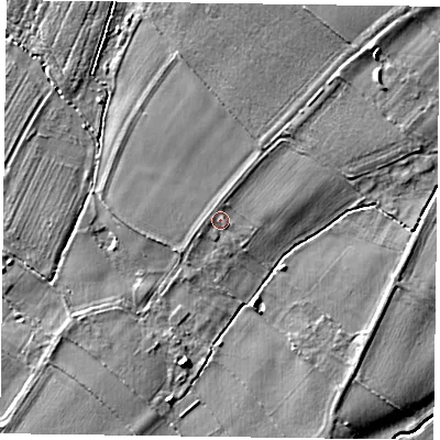 Shaded relief map of the ground around NG250XN, computed from Environment Agency LiDAR. The ground here sits at about 16 m above sea level and falls 6 m across the surrounding 800 m. Surface water reaching this point runs off ground lying to the west-south-west, 0.9 m higher.
