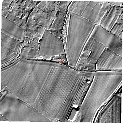 Shaded relief map of the ground around NG250XQ, computed from Environment Agency LiDAR. The ground here sits at about 16 m above sea level and falls 6 m across the surrounding 800 m. Surface water reaching this point runs off ground lying to the west, 1.2 m higher.