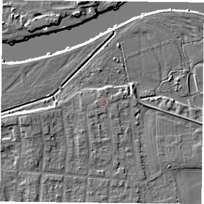 Shaded relief map of the ground around NG25AG, computed from Environment Agency LiDAR. The ground here sits at about 24 m above sea level and falls 9 m across the surrounding 800 m. Surface water reaching this point runs off ground lying to the south-west, 0.7 m higher.