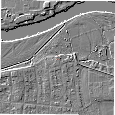Shaded relief map of the ground around NG25AH, computed from Environment Agency LiDAR. The ground here sits at about 24 m above sea level and falls 9 m across the surrounding 800 m. Surface water reaching this point runs off ground lying to the south-south-west, 2.7 m higher.