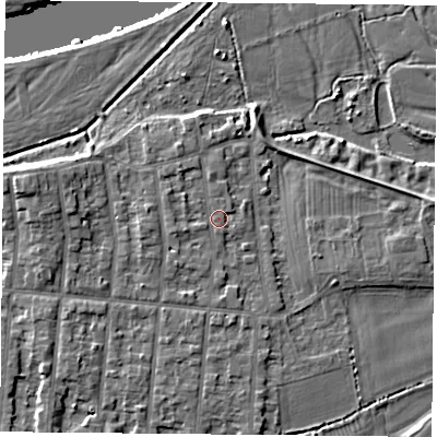 Shaded relief map of the ground around NG25AJ, computed from Environment Agency LiDAR. The ground here sits at about 24 m above sea level and falls 9 m across the surrounding 800 m. Surface water reaching this point runs off ground lying to the west-north-west, 1.3 m higher.