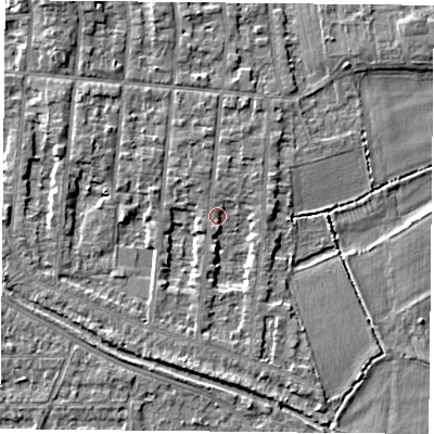 Shaded relief map of the ground around NG25AL, computed from Environment Agency LiDAR. The ground here sits at about 23 m above sea level and falls 4 m across the surrounding 800 m. Surface water reaching this point runs off ground lying to the south, 2.3 m higher.