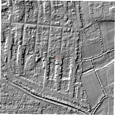 Shaded relief map of the ground around NG25AN, computed from Environment Agency LiDAR. The ground here sits at about 23 m above sea level and falls 5 m across the surrounding 800 m. Surface water reaching this point runs off ground lying to the north-west, 4.0 m higher.