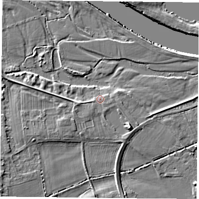 Shaded relief map of the ground around NG25AS, computed from Environment Agency LiDAR. The ground here sits at about 23 m above sea level and falls 8 m across the surrounding 800 m. Surface water reaching this point runs off ground lying to the south-south-east, 1.4 m higher.