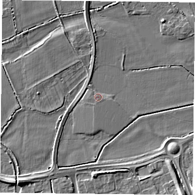 Shaded relief map of the ground around NG25AT, computed from Environment Agency LiDAR. The ground here sits at about 23 m above sea level and falls 7 m across the surrounding 800 m. Surface water reaching this point runs off ground lying to the south, 1.2 m higher.