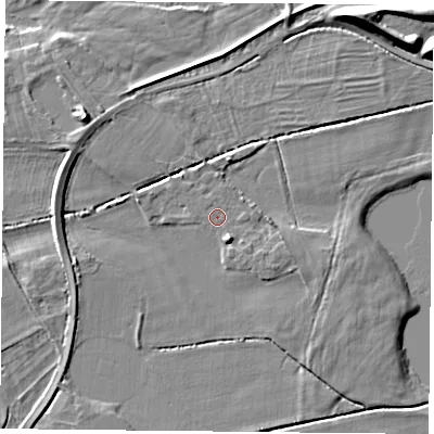 Shaded relief map of the ground around NG25AX, computed from Environment Agency LiDAR. The ground here sits at about 23 m above sea level and falls 8 m across the surrounding 800 m. The ground contributing surface water to this point lies to the west-north-west.