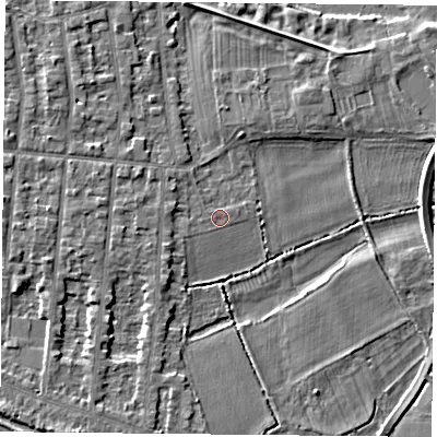 Shaded relief map of the ground around NG25AY, computed from Environment Agency LiDAR. The ground here sits at about 23 m above sea level and falls 4 m across the surrounding 800 m. Surface water reaching this point runs off ground lying to the west-south-west, 1.4 m higher.