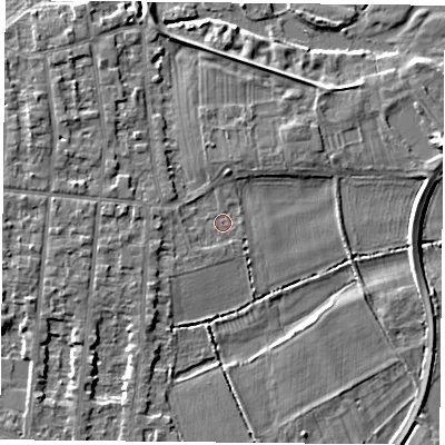 Shaded relief map of the ground around NG25AZ, computed from Environment Agency LiDAR. The ground here sits at about 22 m above sea level and falls 5 m across the surrounding 800 m. Surface water reaching this point runs off ground lying to the north-west, 2.4 m higher.