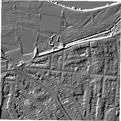 Shaded relief map of the ground around NG25BG, computed from Environment Agency LiDAR. The ground here sits at about 24 m above sea level and falls 11 m across the surrounding 800 m. Surface water reaching this point runs off ground lying to the east-north-east, 0.9 m higher.