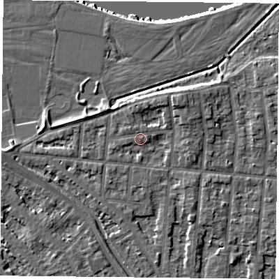 Shaded relief map of the ground around NG25BH, computed from Environment Agency LiDAR. The ground here sits at about 24 m above sea level and falls 9 m across the surrounding 800 m. Surface water reaching this point runs off ground lying to the west-south-west, 1.6 m higher.
