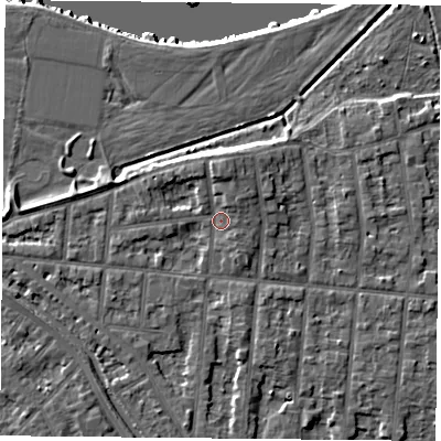 Shaded relief map of the ground around NG25BJ, computed from Environment Agency LiDAR. The ground here sits at about 24 m above sea level and falls 9 m across the surrounding 800 m. Surface water reaching this point runs off ground lying to the north-north-east, 2.3 m higher.