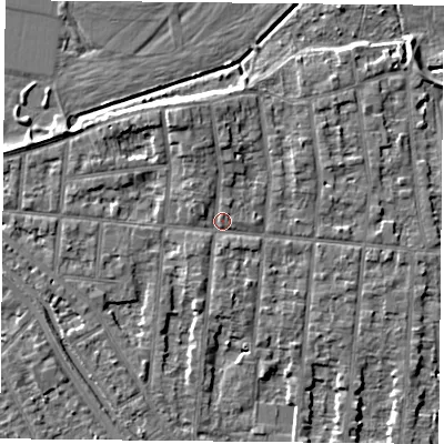 Shaded relief map of the ground around NG25BN, computed from Environment Agency LiDAR. The ground here sits at about 24 m above sea level and falls 6 m across the surrounding 800 m. Surface water reaching this point runs off ground lying to the north-north-west, 3.3 m higher.