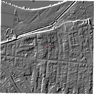 Shaded relief map of the ground around NG25BP, computed from Environment Agency LiDAR. The ground here sits at about 25 m above sea level and falls 9 m across the surrounding 800 m. Surface water reaching this point runs off ground lying to the north-north-west, 2.4 m higher.