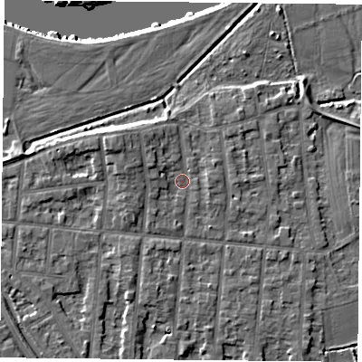 Shaded relief map of the ground around NG25BQ, computed from Environment Agency LiDAR. The ground here sits at about 24 m above sea level and falls 9 m across the surrounding 800 m. Surface water reaching this point runs off ground lying to the west-north-west, 2.3 m higher.